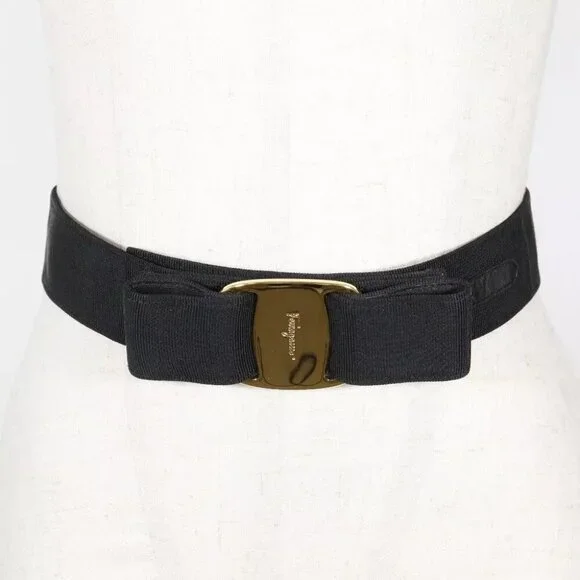 Salvatore Ferragamo Vala Ribbon belt 8046 Black / Gold Hardware canvas/Pla...